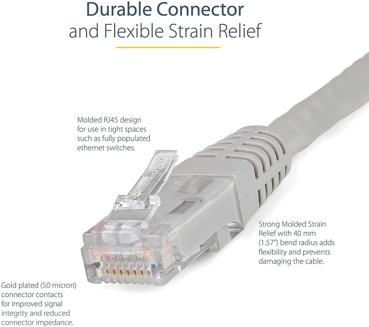 StarTech.com 50ft CAT6 Ethernet Cable - Gray CAT 6 Gigabit Ethernet Wire -650MHz 100W PoE++ RJ45 UTP Molded Category 6 Network/Patch Cord w/Strain Relief/Fluke Tested UL/TIA Certified (C6PATCH50GR) Grey Gray 50 ft / 15 m 1 Pack