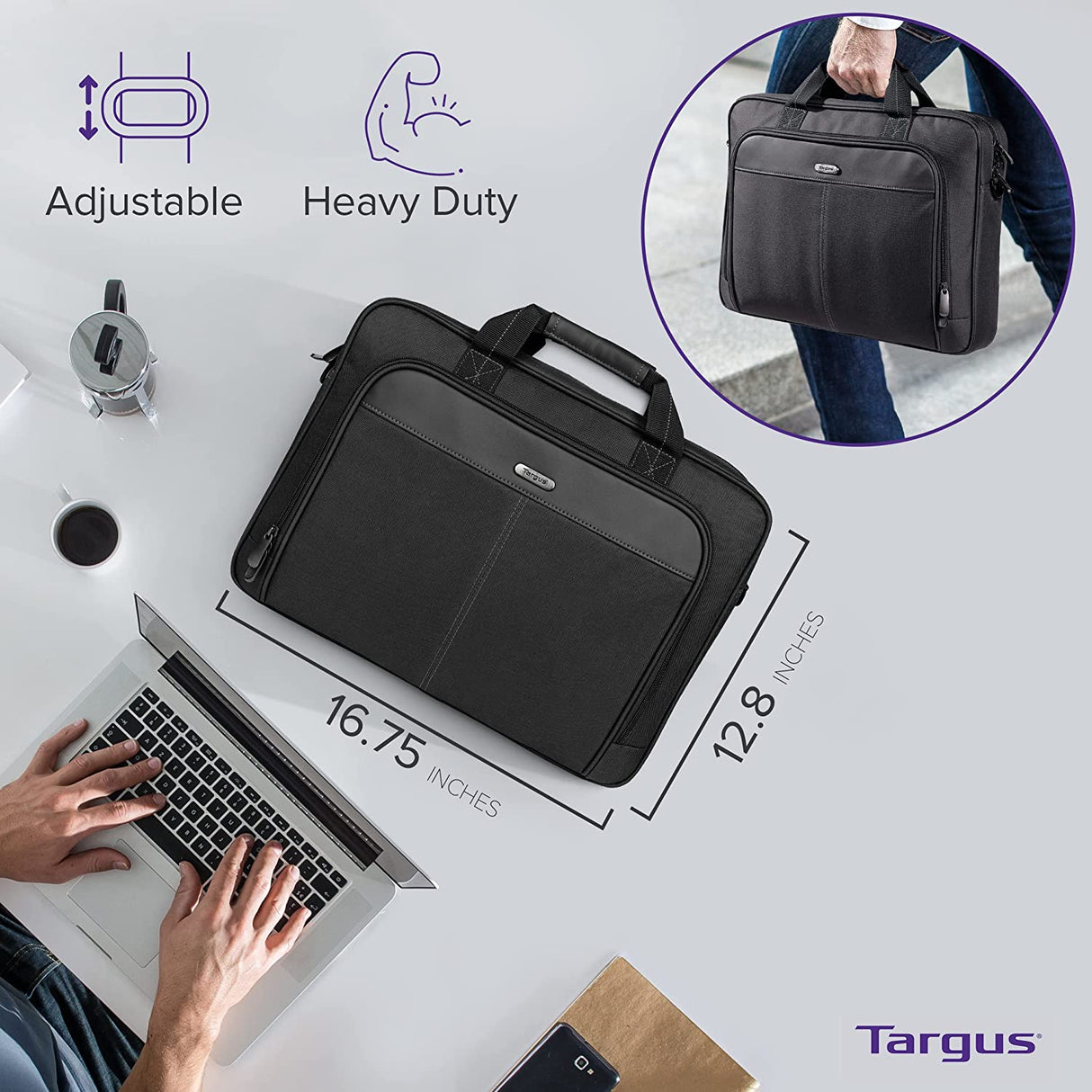Targus Laptop Bag — Black 15.6" Classic Slim Briefcase Messenger Bag, Spacious, Ergonomic, Foam Padded Laptop Case for Devices Up To 16" (TCT027US)