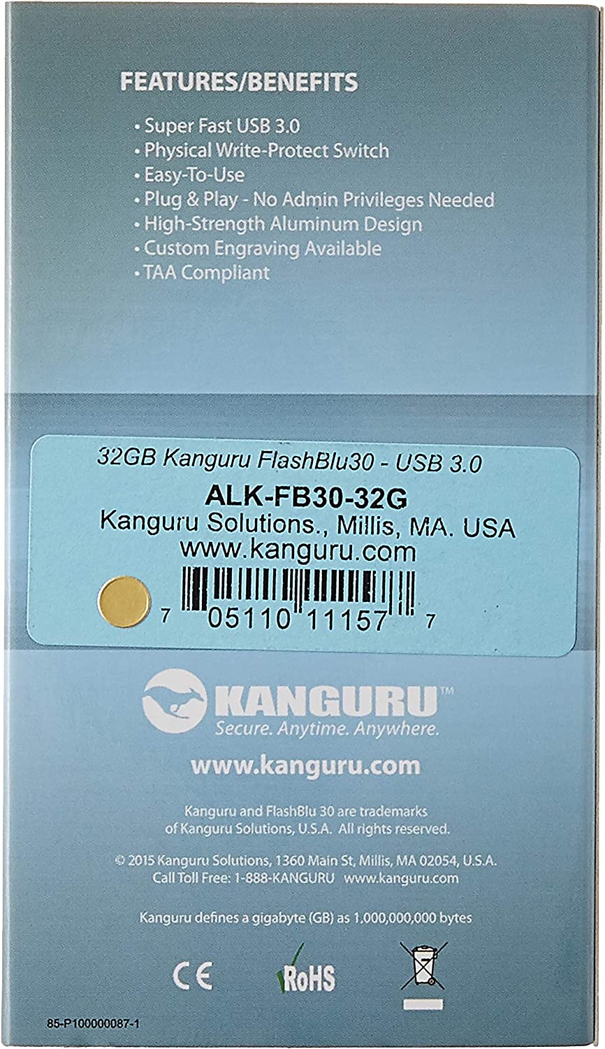 Kanguru solutions Flashblu30 with Physical Write Protect Switch SuperSpeed USB3.0 Flash Drive