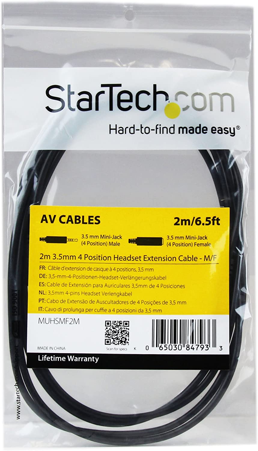 StarTech.com 2m 3.5mm 4 Position TRRS Headset Extension Cable - M/F - audio Extension Cable for iPhone (MUHSMF2M) 6 ft / 2m Cable