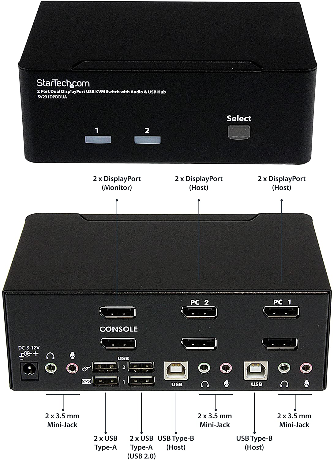 StarTech.com Dual Monitor DisplayPort KVM Switch - 2 Port - USB 2.0 Hub - Audio and Microphone - DP KVM Switch (SV231DPDDUA) Black 2 Port DisplayPort | Dual Monitor Single