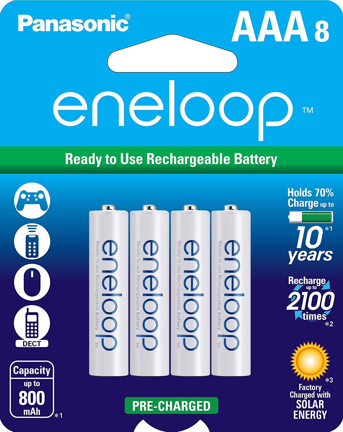 Panasonic BK-4MCCA8BA eneloop AAA 2100 Cycle Ni-MH Pre-Charged Rechargeable Batteries, 8 Pack Standard Batteries