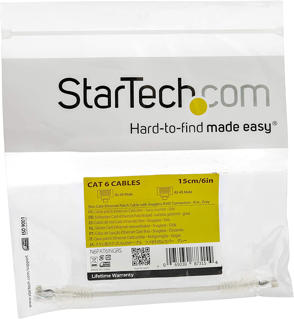 StarTech.com 6 in CAT6 Cable - Slim CAT6 Patch Cord - Gray Snagless RJ45 Connectors - Gigabit Ethernet Cable - 28 AWG - LSZH (N6PAT6INGRS) Gray 0.5 ft