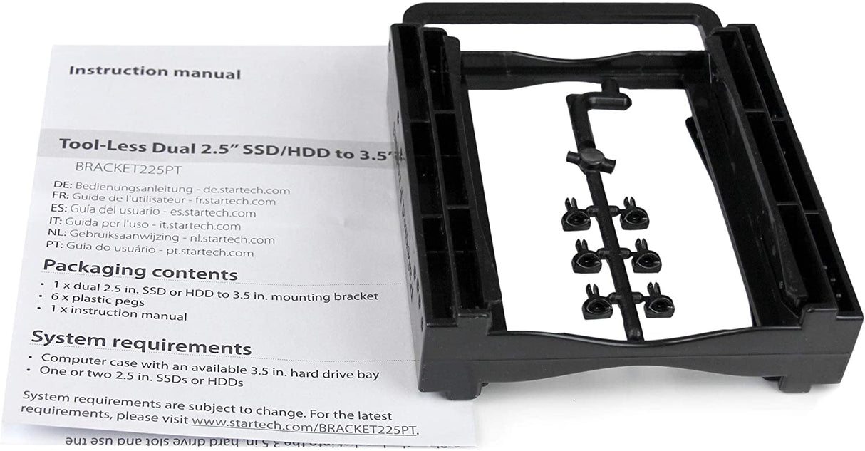 StarTech.com Dual 2.5" SSD/HDD Mounting Bracket for 3.5? Drive Bay - Tool-Less Installation - 2-Drive Adapter Bracket for Desktop Computer (BRACKET225PT), Black 1x3.5" Bay 2x2.5" Drive (Tool-less)