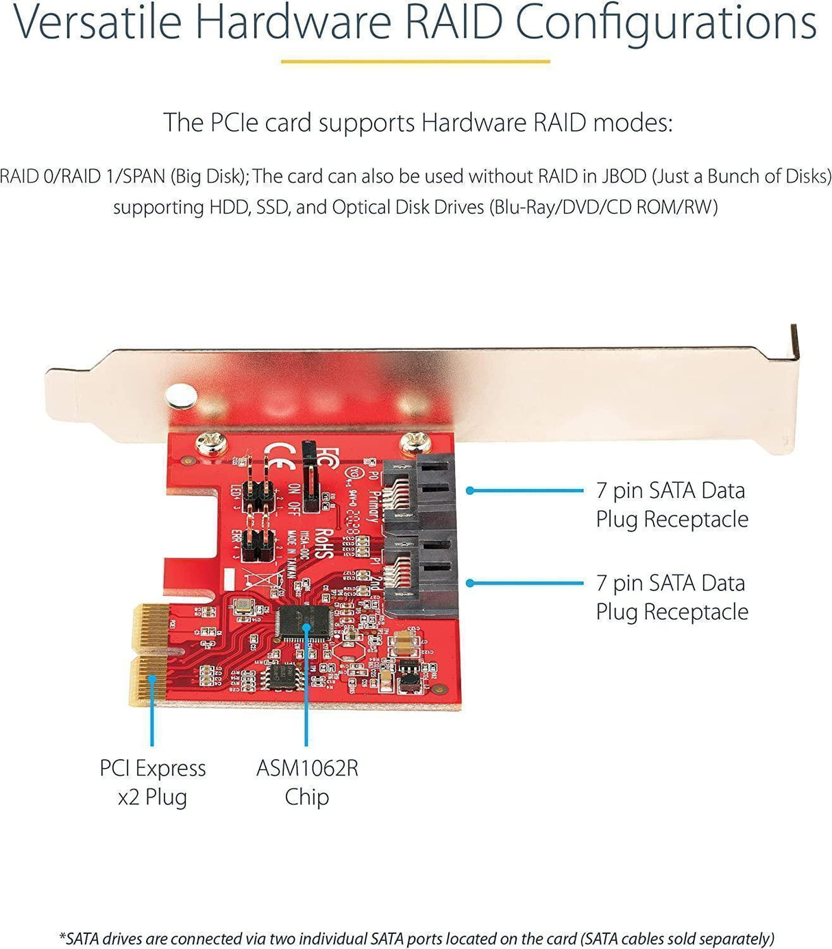StarTech.com SATA PCIe Card - 2 Port PCIe SATA Expansion Card - 6Gbps - Full/Low Profile - PCI Express to SATA Adapter/Controller - ASM1062R SATA RAID - PCIe to SATA Converter (2P6GR-PCIE-SATA-CARD) 2 Port RAID