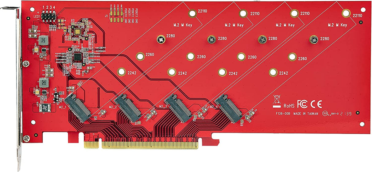 StarTech.com Quad M.2 PCIe Adapter Card, PCIe x16 to Quad NVMe or AHCI M.2 SSDs, PCI Express 4.0, 7.8GBps/Drive, Bifurcation Required, Windows/Linux Compatible (QUAD-M2-PCIE-CARD-B)