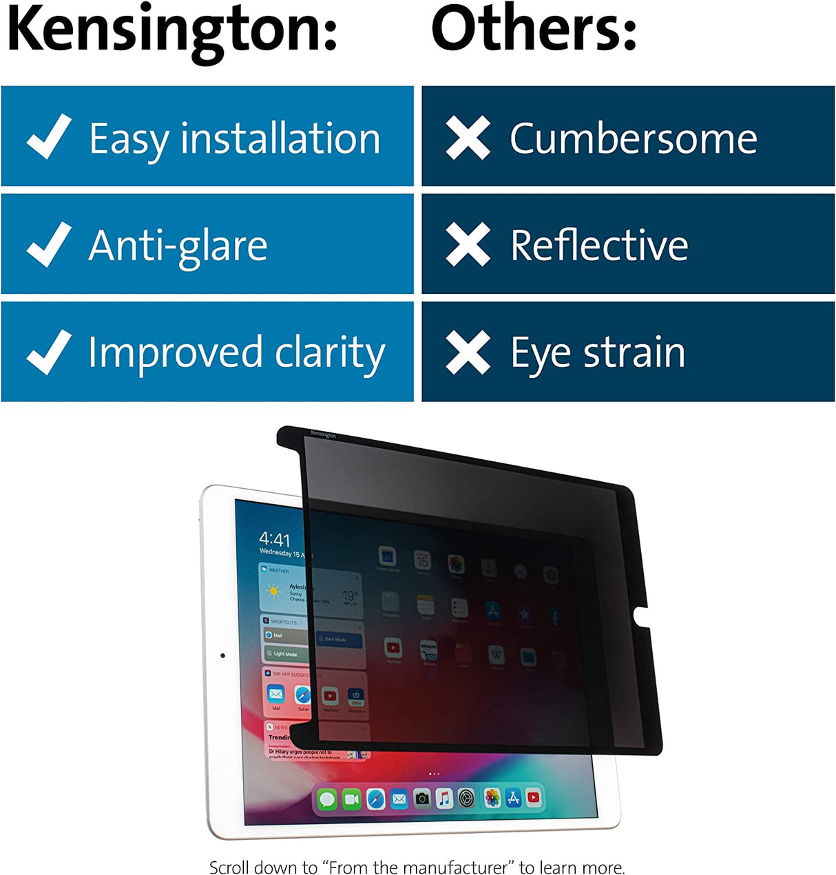 Kensington SA102 Screen Protector Designed for iPad 10.2-inch 2019/2020 (8th & 7th Generation), Easy Installation with a Washable & Resuable Adhesive (K50726WW), Black border iPad 10.2-inch 8th & 7th Generation (2020/2019)