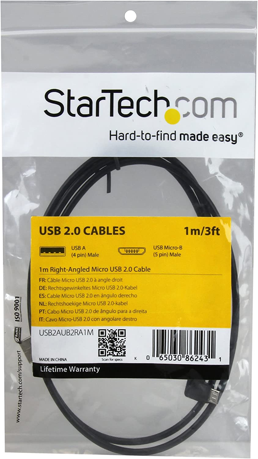StarTech.com 1m 3 ft Micro-USB Cable with Right-Angled Connectors - M/M - USB A to Micro B Cable - 3ft Right Angle Micro USB Cable (USB2AUB2RA1M), Black 3 ft / 1m