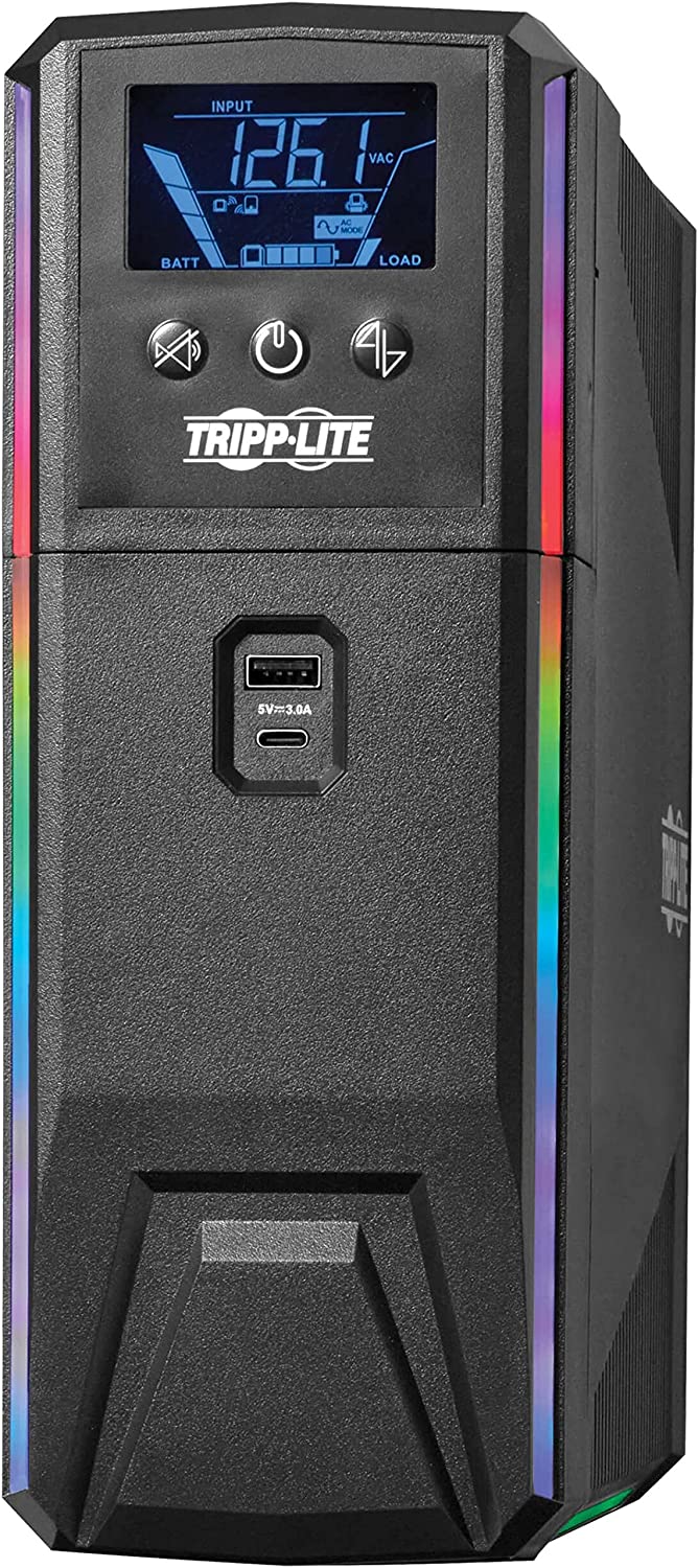 Tripp Lite Pure Sine Wave Gaming UPS Battery Backup, 600VA 360W 120V, Detachable LCD, Automatic Voltage Regulation, USB, RGB LED Lights, 3-Year Warranty & $250K Insurance (SMART600PSGLCD) 600VA Gaming UPS