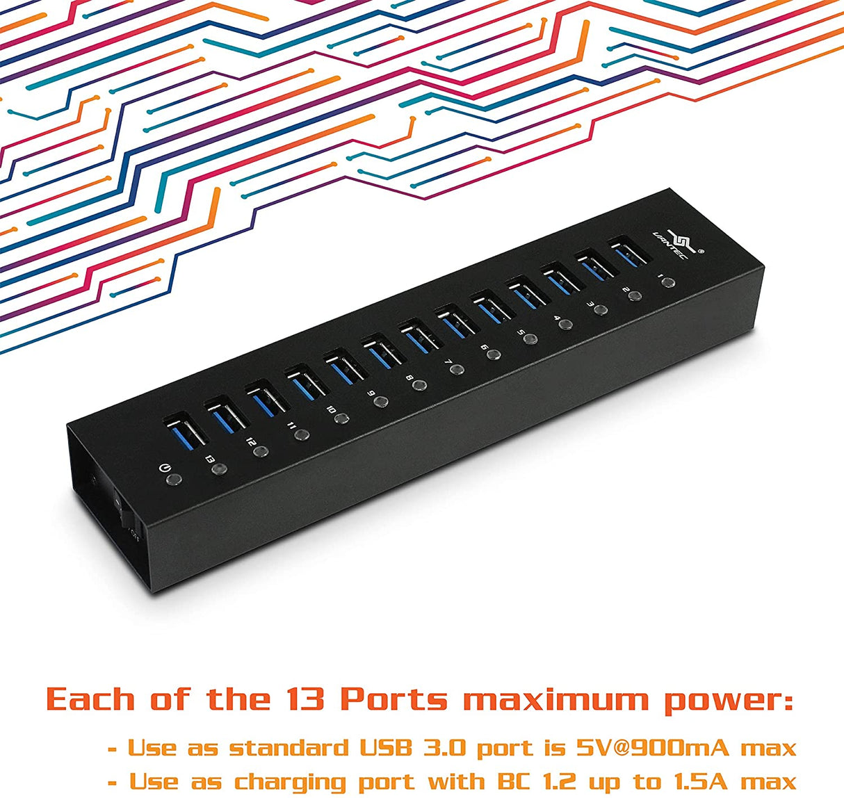 Vantec 13-Port USB 3.0 Aluminum Hub (All Data/Charging BC 1.2), 12V/5A Premium Power Adapter