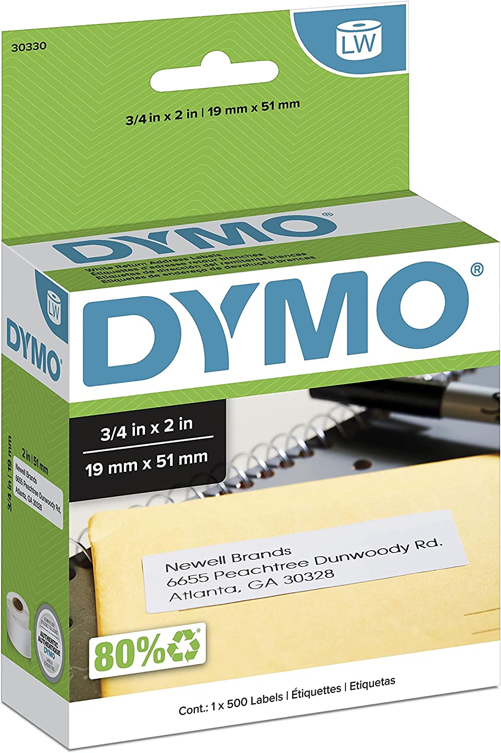 DYMO Authentic LW Return Address Labels for LabelWriter Label Printers, White, 3/4'' x 2'', 1 roll of 500 Return Address Labels 500 labels