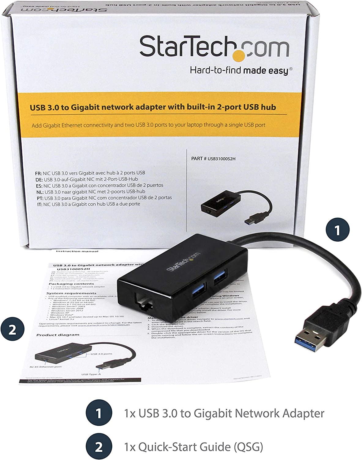 StarTech.com 2 Port USB 3.0 Hub with Ethernet - USB 3.0 x 2 - Gigabit Ethernet Network Adapter for Windows/Mac/Chrome (USB31000S2H) Black 2x USB-A Black