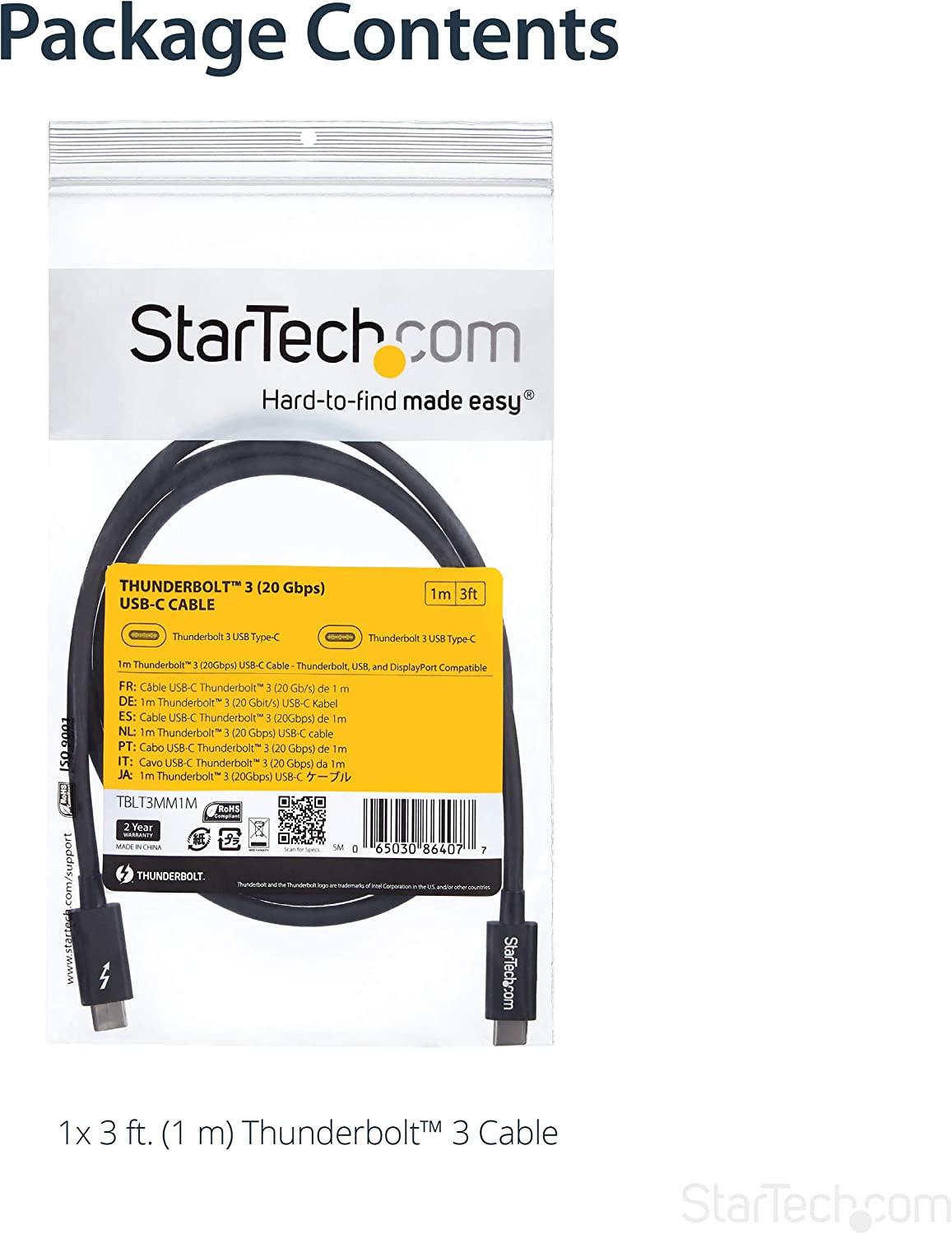 StarTech.com 20Gbps Thunderbolt 3 Cable - 3.3ft/1m - Black - 4k 60Hz - Certified TB3 USB-C to USB-C Charger Cord w/ 100W Power Delivery (TBLT3MM1M), Black 3ft 20Gbps | Black