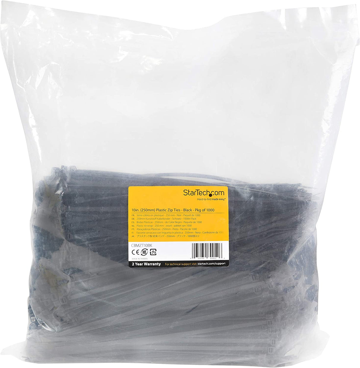 StarTech.com 10"(25cm) Cable Ties - 1/8"(4mm) Wide, 2-5/8"(68mm) Bundle Diameter, 50lb(22kg) Tensile Strength, Nylon Self Locking Zip Ties w/Curved Tip, 94V-2/UL Listed, 1000 Pack - Black 10 in | 50 lbs (22kg) Standard w/Self Locking 1000