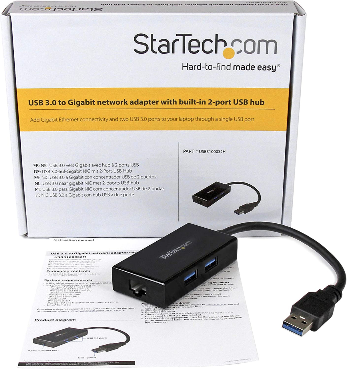 StarTech.com 2 Port USB 3.0 Hub with Ethernet - USB 3.0 x 2 - Gigabit Ethernet Network Adapter for Windows/Mac/Chrome (USB31000S2H) Black 2x USB-A Black