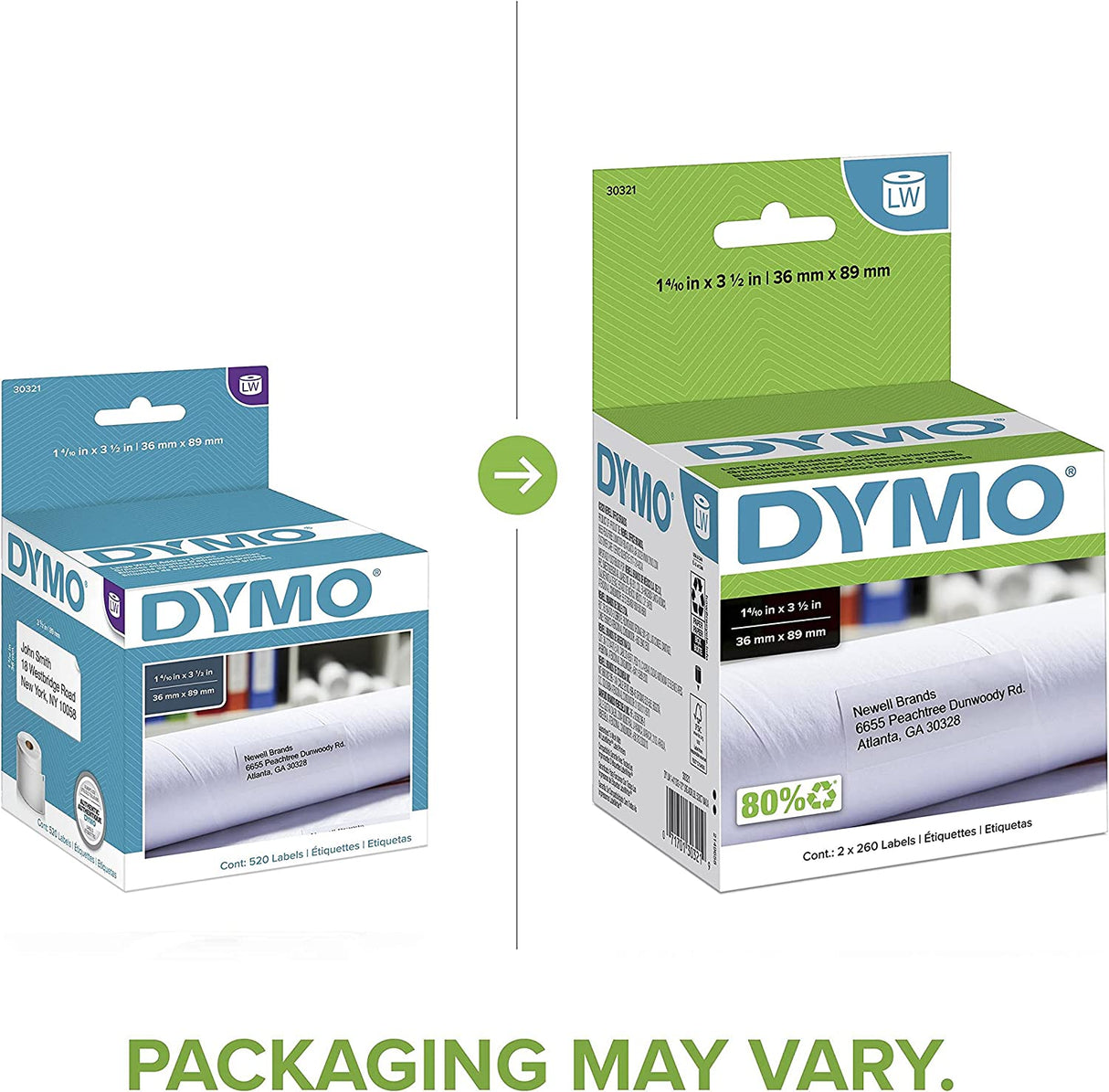 DYMO LW Large Mailing Address Labels for LabelWriter Label Printers, White, 1-4/10'' x 3-1/2'', Large, 2 Rolls of 260