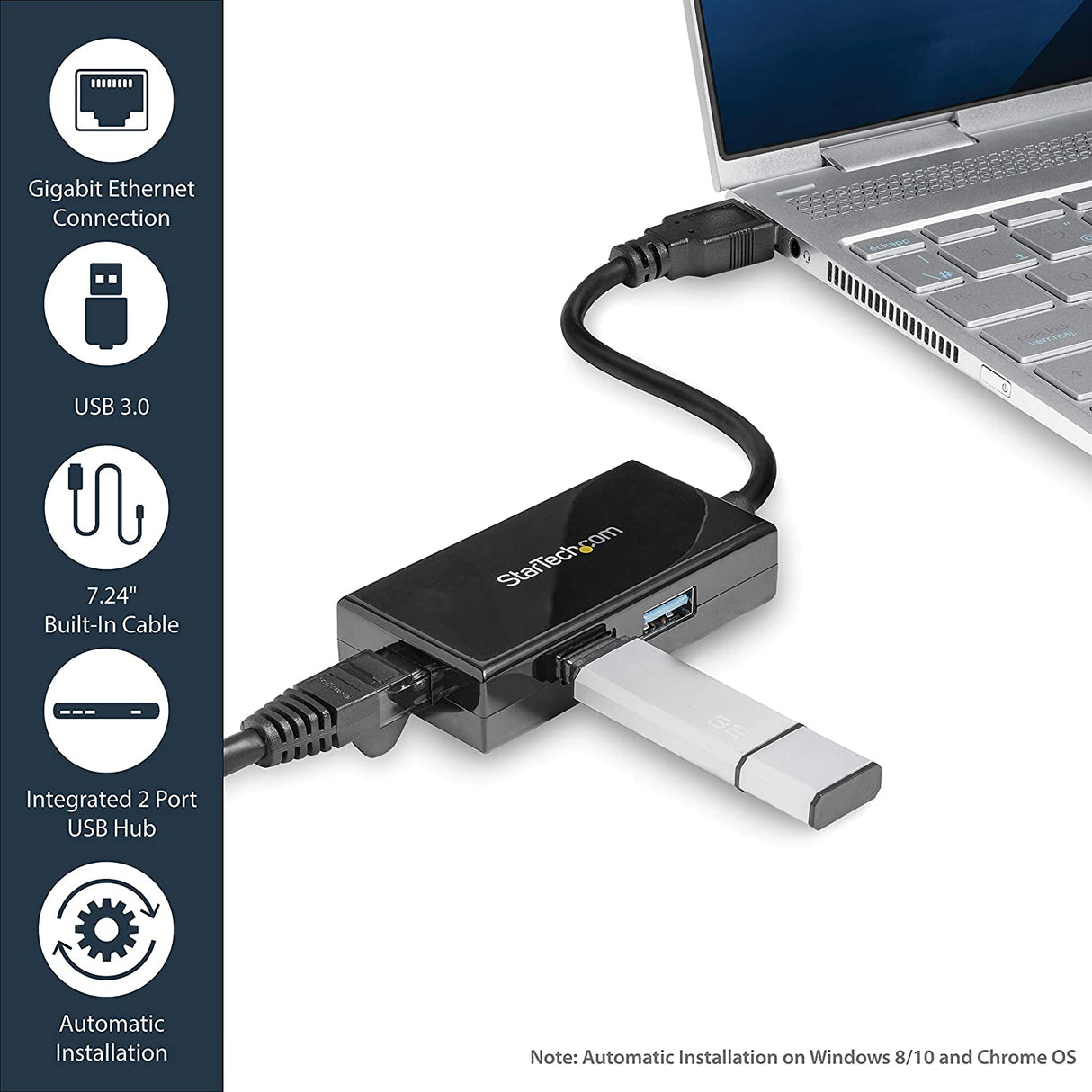 StarTech.com 2 Port USB 3.0 Hub with Ethernet - USB 3.0 x 2 - Gigabit Ethernet Network Adapter for Windows/Mac/Chrome (USB31000S2H) Black 2x USB-A Black