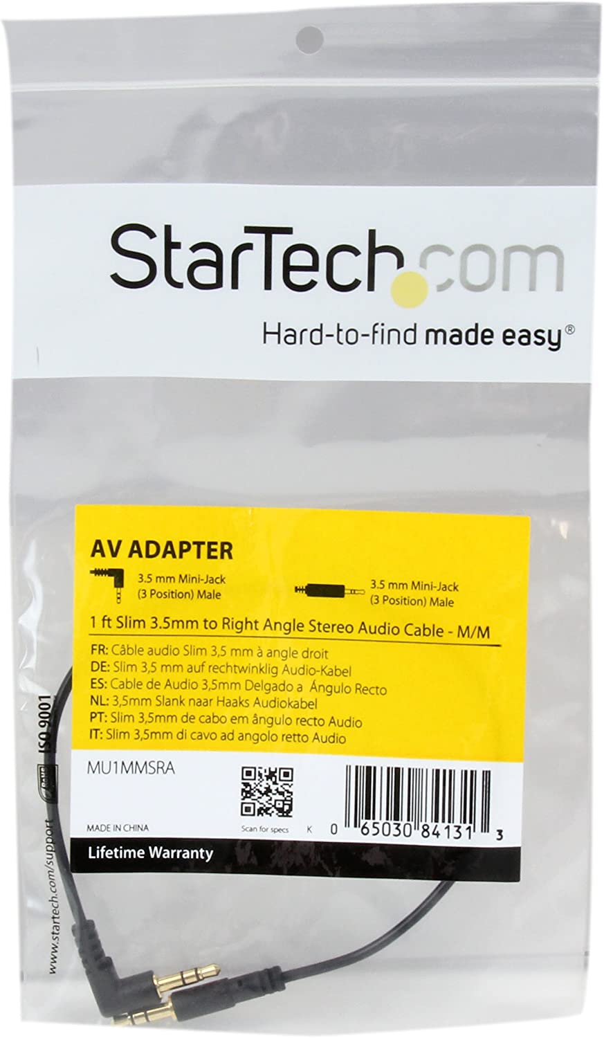 StarTech.com 1 ft. (0.3 m) Right Angle 3.5 mm Audio Cable - 3.5mm Slim Audio Cable - Right Angle - Male/Male - Aux Cable (MU1MMSRA), Black 1 ft 1 Angled Connector Audio Cable