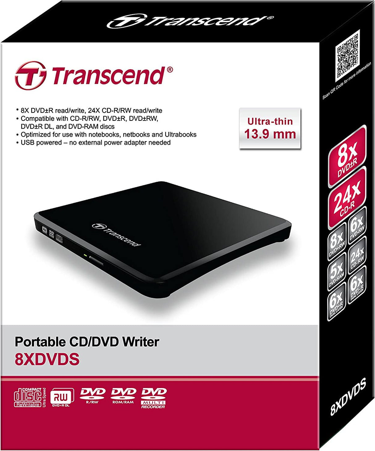 Transcend 8K Extra Slim Portable DVD Writer Optical Drive (TS8XDVDS-K) Black