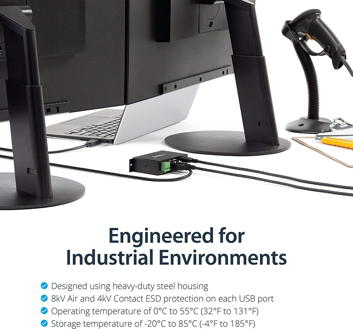 StarTech.com 4-Port USB 2.0 Hub - Metal Industrial USB-A Hub - Din Rail, Wall or Desk Mountable USB Data Hub - TAA Compliant USB Expander Hub (ST4200USBM)