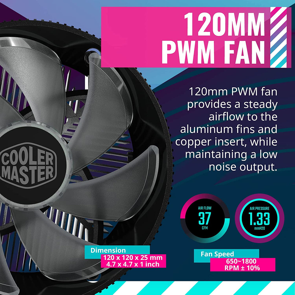 Cooler Master i71C RGB Intel Low-Profile CPU Air Cooler, Anodized Black Aluminum Fins, Copper Insert Base, MF120 RGB Lighting Fan for Intel LGA1200/115X I71c LGA1200/115X RGB