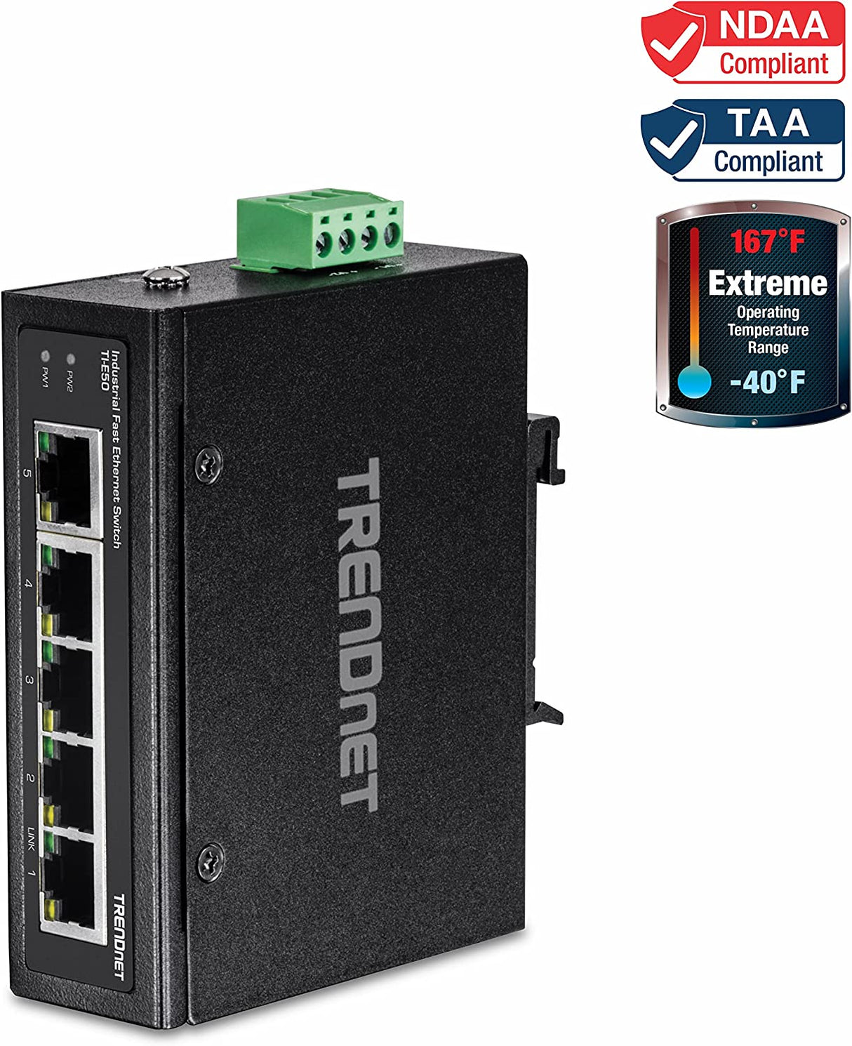 TRENDnet 5-Port Industrial Unmanaged Fast Ethernet DIN-Rail Switch, 5 x Fast Ethernet Ports, IP30, Operating Temperature Range of -40° – 75°C (-40° – 167°F), Lifetime Protection, Black, TI-E50 5 Port Switch