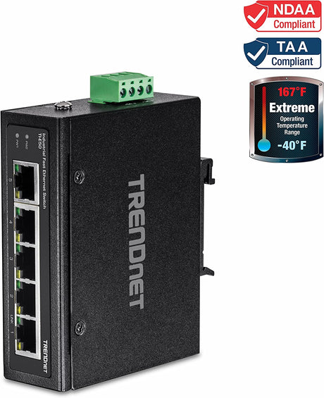 TRENDnet 5-Port Industrial Unmanaged Fast Ethernet DIN-Rail Switch, 5 x Fast Ethernet Ports, IP30, Operating Temperature Range of -40° – 75°C (-40° – 167°F), Lifetime Protection, Black, TI-E50 5 Port Switch
