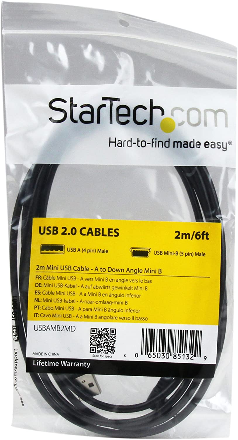 StarTech.com Down Angle Mini USB Cable - 2m - Black - USB A to Mini USB B - USB to Mini USB Cable - Mini USB Charger - USB A to Mini B (USBAMB2MD) 6 ft / 2m Down Angle