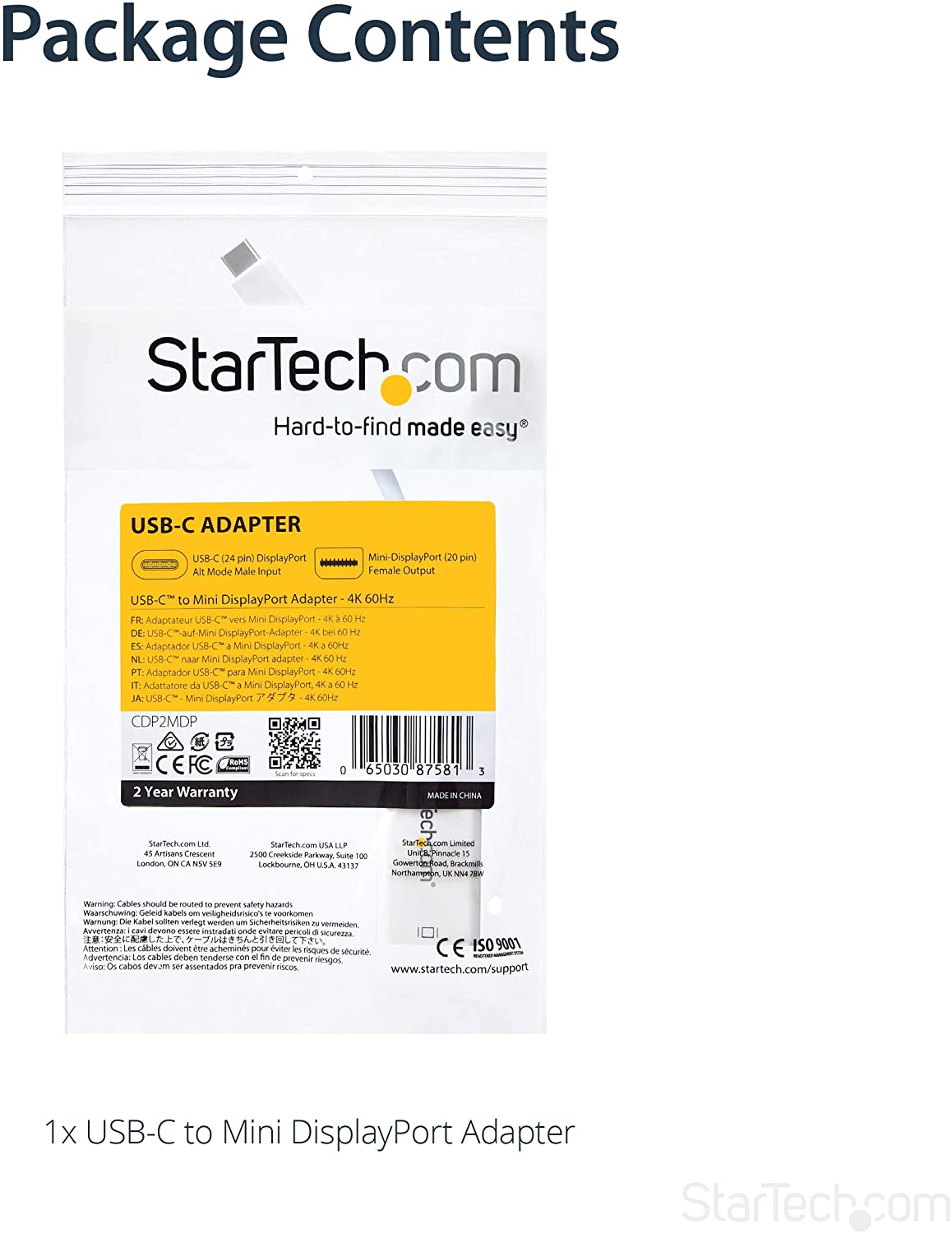 StarTech.com USB-C to Mini DisplayPort Adapter - 4K 60Hz - White - USB 3.1 Type-C to Mini DP Adapter (CDP2MDP) , Black