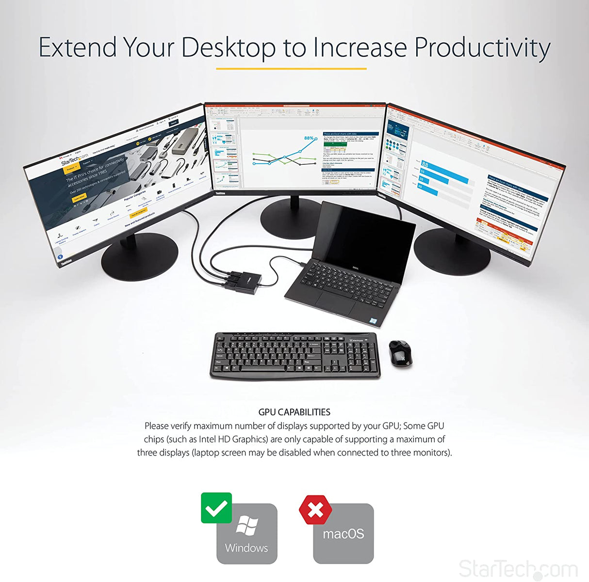 StarTech.com 3-Port Multi Monitor Adapter - DisplayPort 1.2 MST Hub - Dual 4K 30Hz & 1x 1080p - Video Splitter for Extended Desktop Mode on Windows PCs Only - DP to 3x DP Monitors (MSTDP123DP) DisplayPort 1.2 to 3x DisplayPort