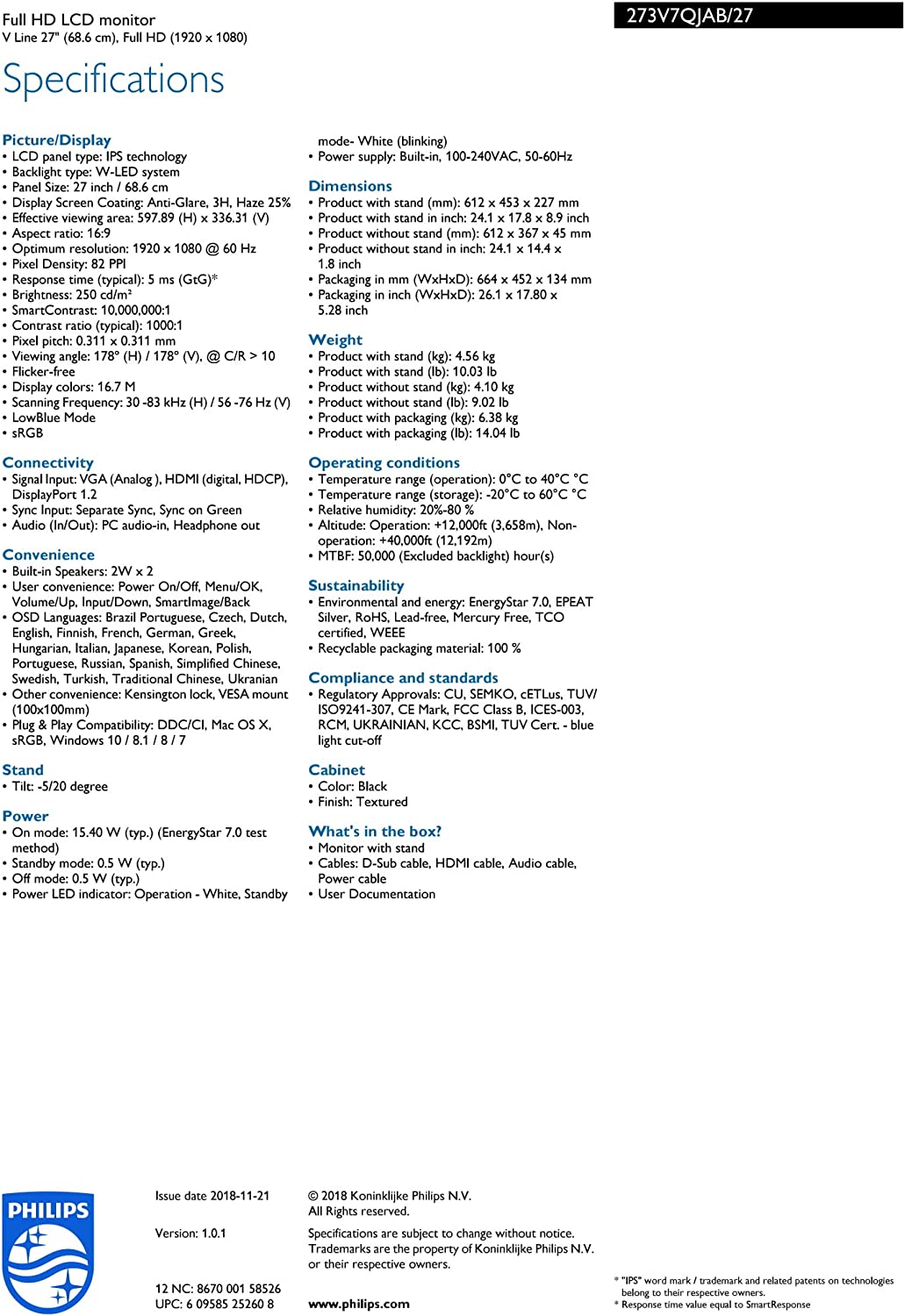 Philips 273V7QJAB 27" Frameless Monitor, Full HD 1920x1080, IPS, Built-in Speakers, VESA, 4Yr Advance Replacement Warranty