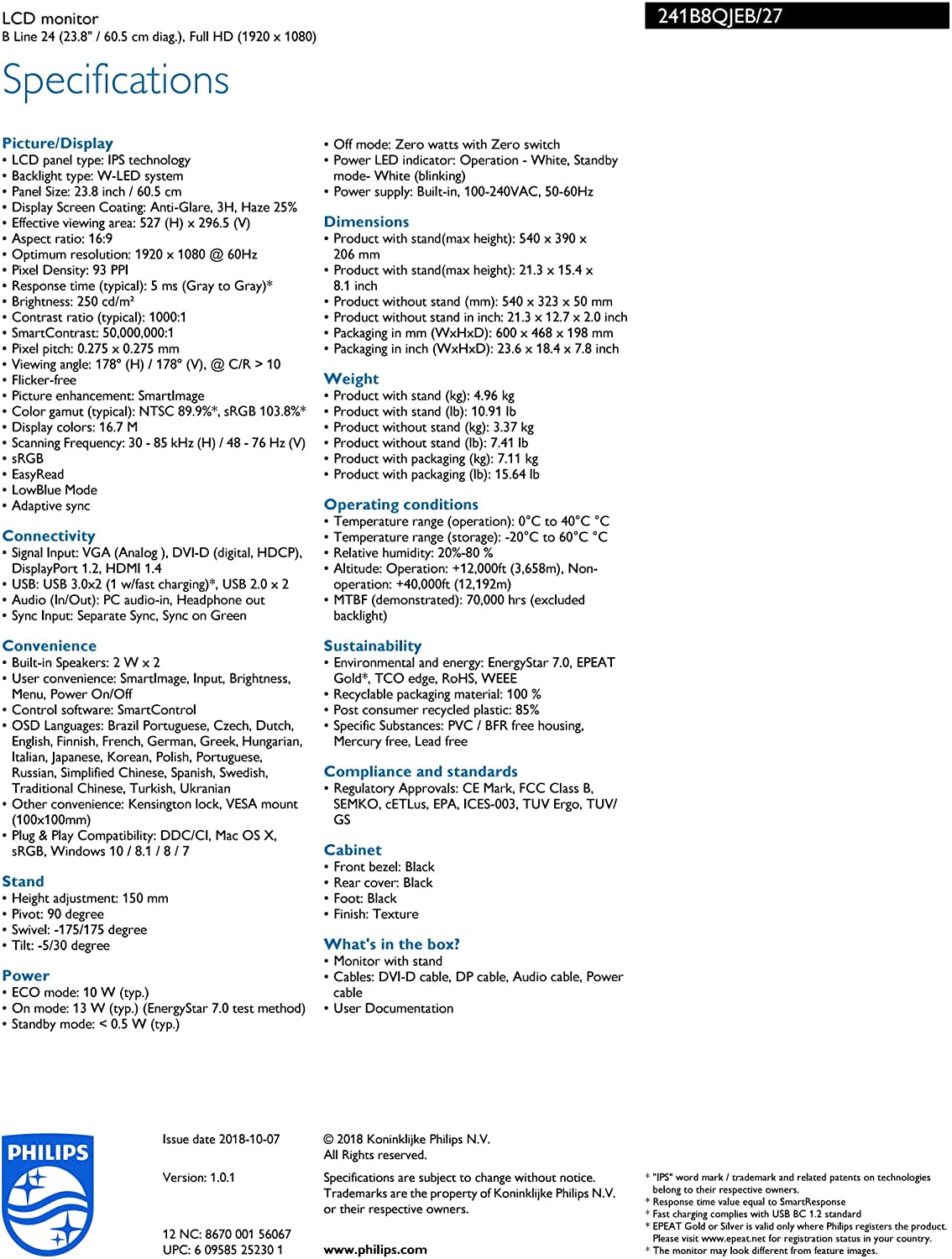 Philips 241B8QJEB 24" Frameless Monitor, Full HD IPS, USB 3.0 hub, Built-in Speakers, VESA, Height Adjustable Stand, TCO Edge, 4Yr Advance Replacement Warranty