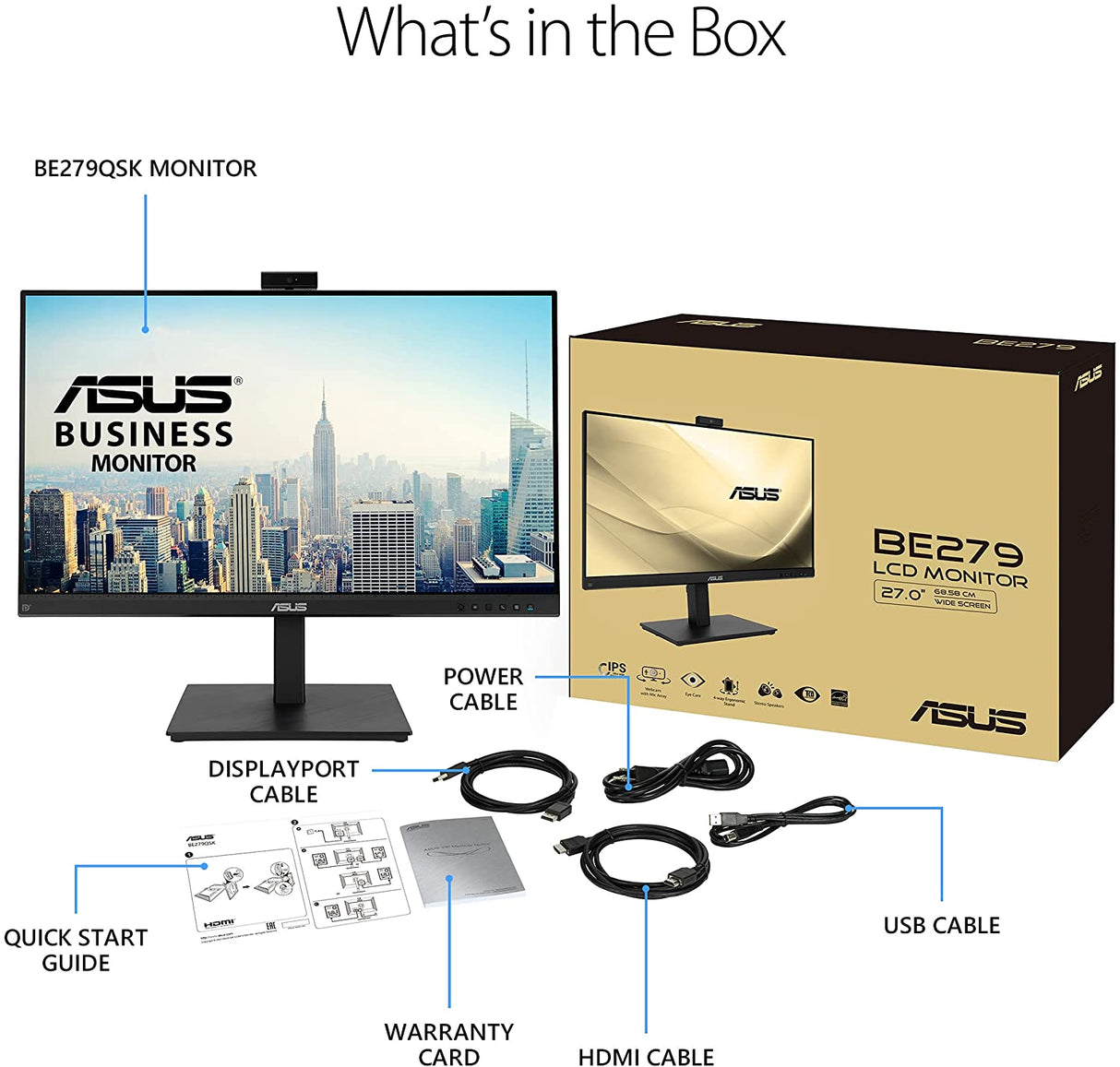 ASUS 27” 1080P Video Conference Monitor (BE279QSK) - Full HD, IPS, Built-in Adjustable 2MP Webcam, Mic Array, Speakers, Eye Care, Wall Mountable, Frameless, HDMI, DisplayPort, VGA, Height Adjustable 27" IPS w/Webcam & DisplayPort