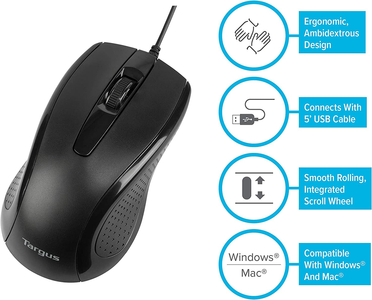 Targus 3-Button USB Full-Size Optical Mouse with 6-Foot USB Cord, Supports Windows and Mac, Black (AMU81USZ) 3-Button USB Mouse