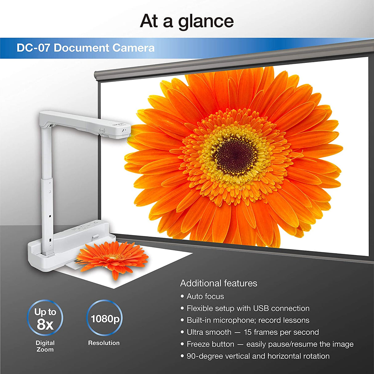 Epson DC-07 Portable Document Camera with USB Connectivity and 1080p Resolution,White DC-07 - 1080p, 8x Digital Zoom