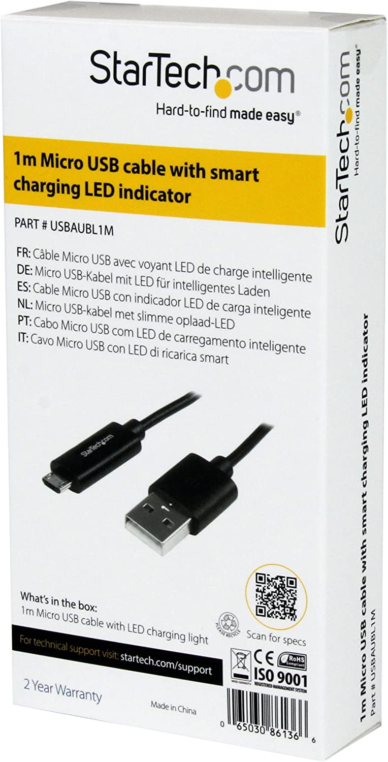 StarTech.com 1m / 3ft USB to Micro USB Cable with LED Charging Light - M/M USB to Micro USB Charging Cable - USB Charger Cable (USBAUBL1M)