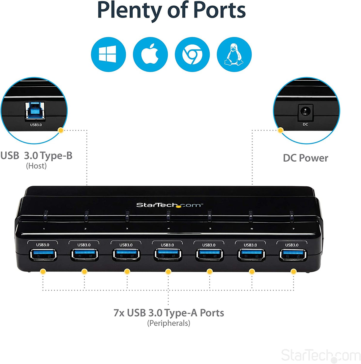 StarTech.com 7 Port USB 3.0 Hub – Up To 5 Gbps – 7 x USB – Universal Multi Port USB Extender for Your Desktop – USB Powered (ST7300USB3B) 7 x SuperSpeed USB-A | Power Adapter Desktop