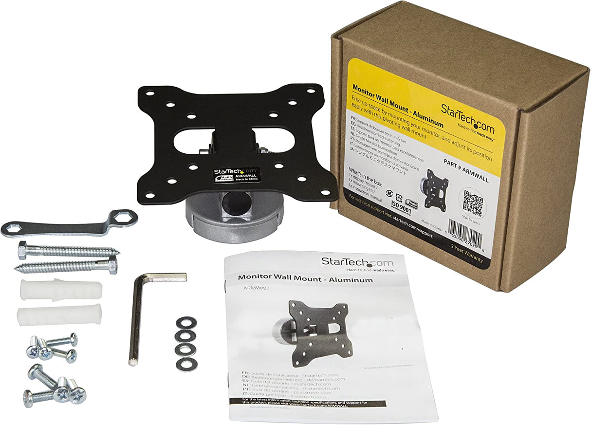StarTech.com Monitor Wall Mount - Fixed - Supports Monitors 13” to 34” - VESA Monitor Wall Mount Bracket - Aluminum - Black & Silver (ARMWALL) Fixed Silver
