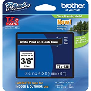 Brother Genuine P-touch TZE-325 Tape, 3/8" (0.35") Wide Standard Laminated Tape, White on Black, Laminated for Indoor or Outdoor Use, Water-Resistant, 0.35" x 26.2' (9mm x 8M), Single-Pack, TZE325