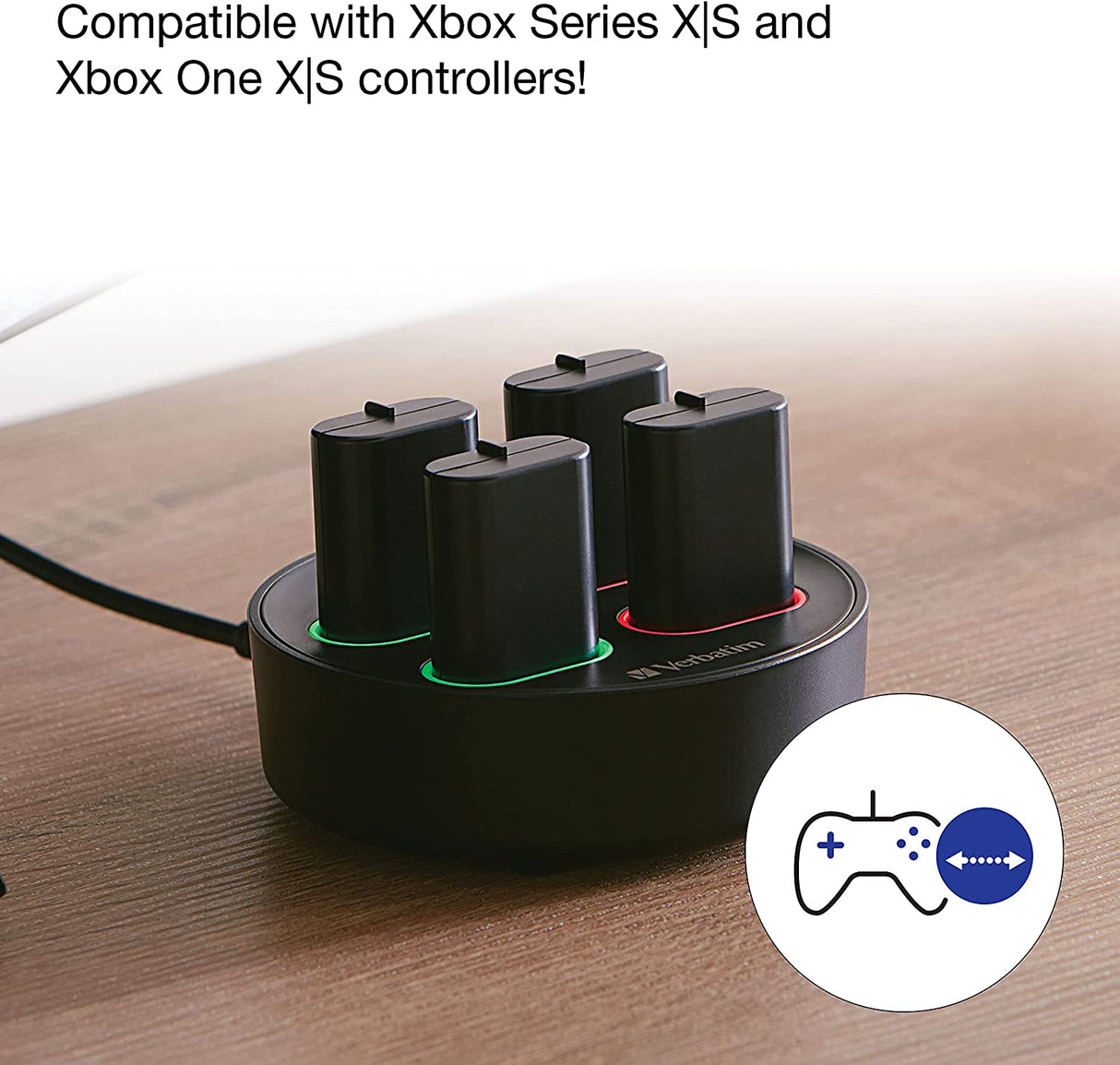 Verbatim Charging Stand with 4 x 800mAh Rechargable Battery Packs for use with Xbox Controllers Xbox Series X, Xbox Series S, Xbox One X, Xbox One S Charging Stand/Four Rechargeable Batteries