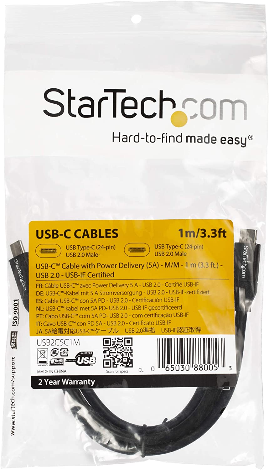 StarTech.com USB C To USB C Cable - 3 ft / 1m - USB-IF Certified - 5A PD - USB 2.0 - USB Type C Charging Cable - USB C Fast Charge Cable (USB2C5C1M) Black 3 ft/ 1 m