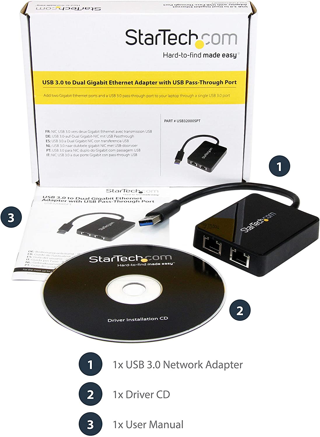 StarTech.com USB 3.0 to Dual Port Gigabit Ethernet Adapter w/USB Port - 10/100/100 - USB Gigabit LAN Network NIC Adapter (USB32000SPT) Black Black