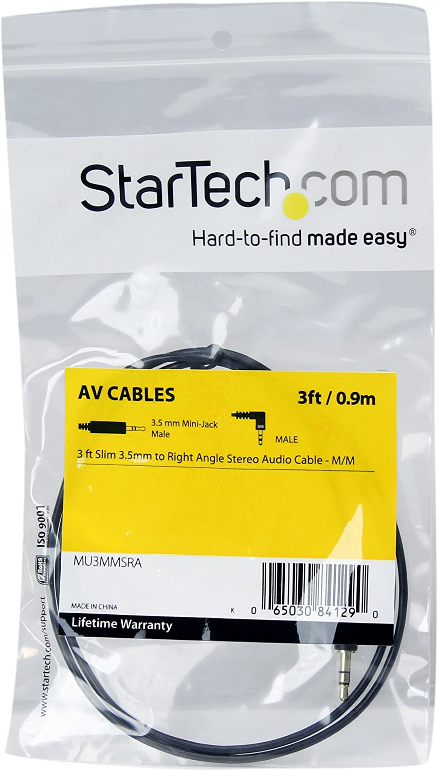 StarTech.com 3 ft. (0.9 m) 3.5mm Audio Cable - 3.5mm Slim Audio Cable - Right Angle - Male/Male - Aux Cable (MU3MMSRA), Black 3 ft 1 Angled Connector Audio Cable