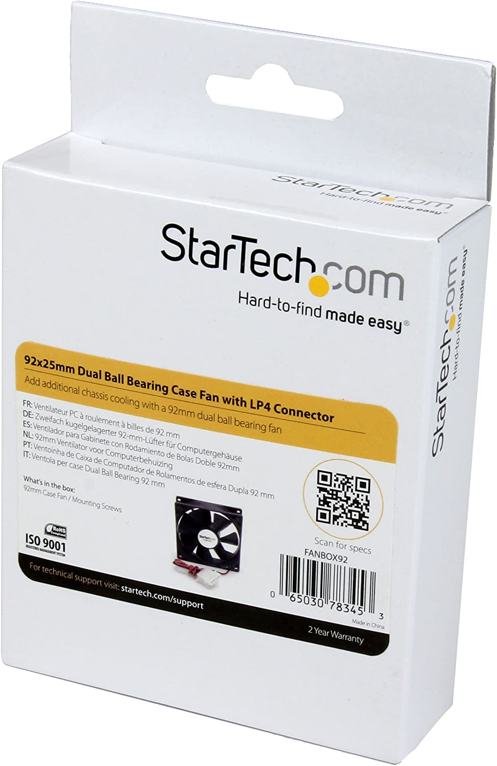 StarTech.com 92x25mm Dual Ball Bearing Computer Case Fan w/ LP4 Connector - 90mm Fan - Computer case Fan - pc Fan (FANBOX92) 92x25mm LP4