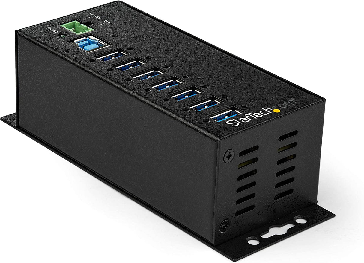 StarTech.com 7-Port USB 3.0 Hub with Power Adapter - Metal Industrial USB-A Hub with ESD & 350W Surge Protection - Din/Wall/Desk Mountable - High Speed USB 3.1 Gen 1 5Gbps Hub (HB30A7AME) 7 port power adapter included Hub
