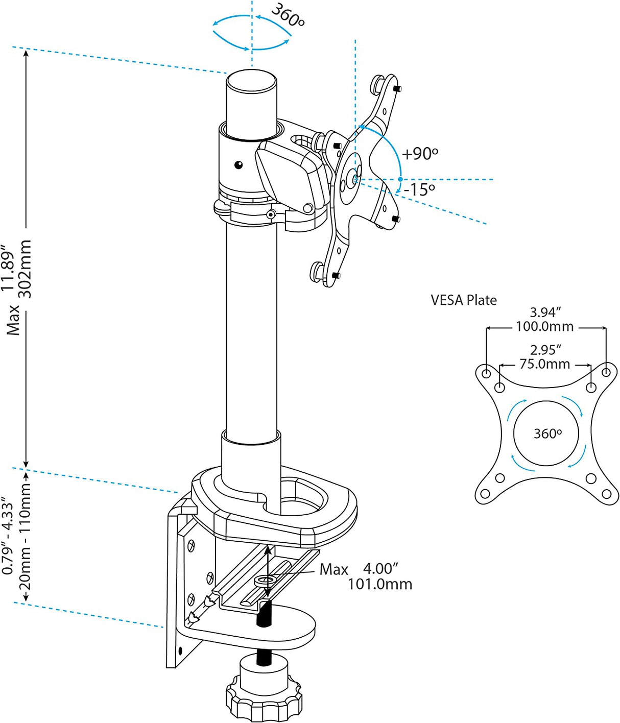 StarTech.com Monitor Desk Mount - Adjustable - Supports Monitors Up to 30lb / 14kg - Premium Single Screen VESA Monitor Mount - Desk & Grommet Clamp -Silver (ARMPIVOT) Silver No Articulating Arm