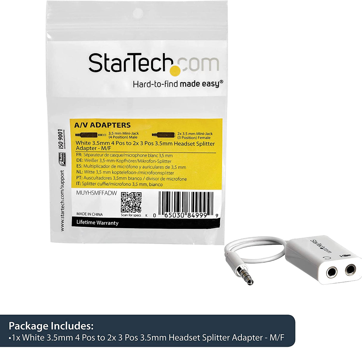 StarTech.com 4 Position Microphone and Headphone Splitter – 3.5 mm – 4 Pin / 4 Pole – Mic and Audio Combo Splitter Cable (MUYHSMFFADW), White