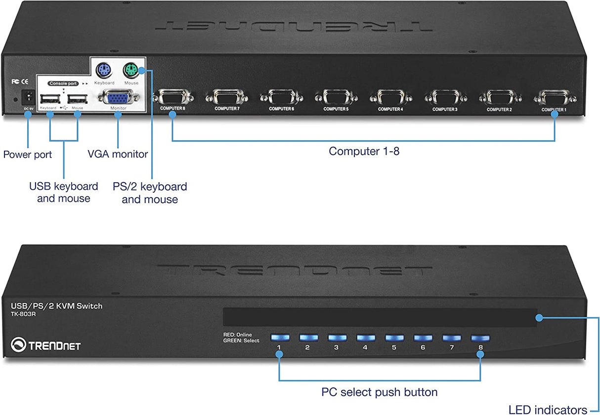 TRENDnet 8-Port USB/PS2 Rack Mount KVM Switch, TK-803R, VGA & USB Connection, Supports USB & PS/2 Connections, Device Monitoring, Auto Scan, Audible Feedback, Control up to 8 Computers/Servers 8 Port USB/PS2