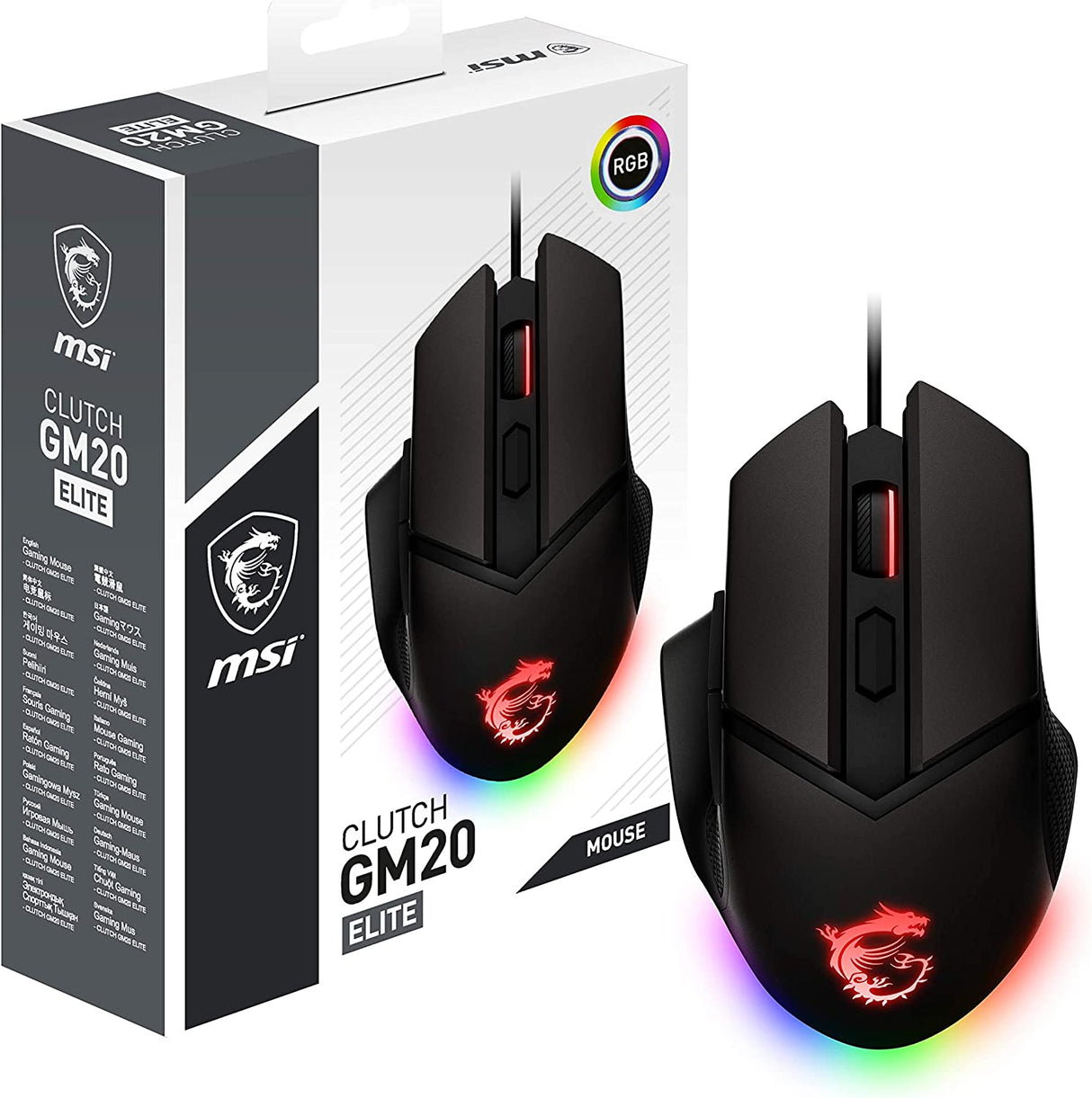 MSI Clutch GM20 Elite Gaming Mouse, 6400 DPI, 20M+ Clicks OMRON Switch, Optical Sensor, Adjustable Weights, Ergonomic Right Hand Design, RGB Mystic Light