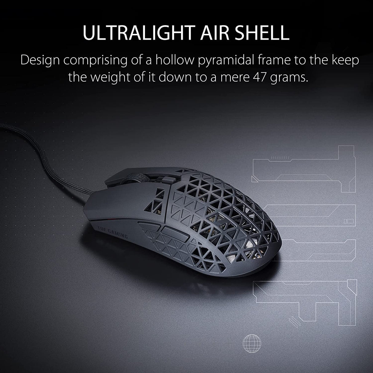 ASUS TUF Gaming M4 Air Lightweight Gaming Mouse | 16,000 dpi Sensor, Programmable Buttons, 47g Ultralight Air Shell, IPX6 Water Resistance, TUF Gaming Paracord and Low Friction PTFE Feet, Black